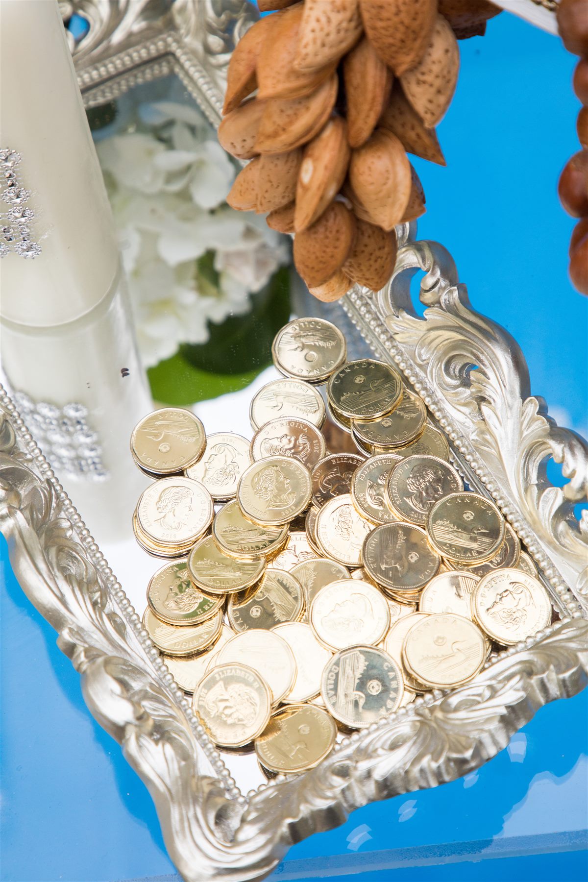 Gold coins on a mirrored tray