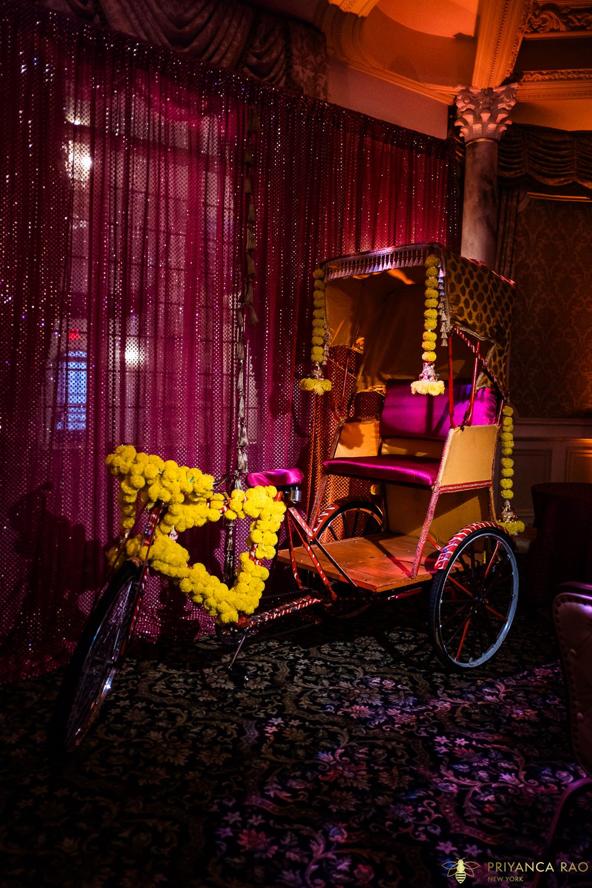 A rickshaw behind rose silk