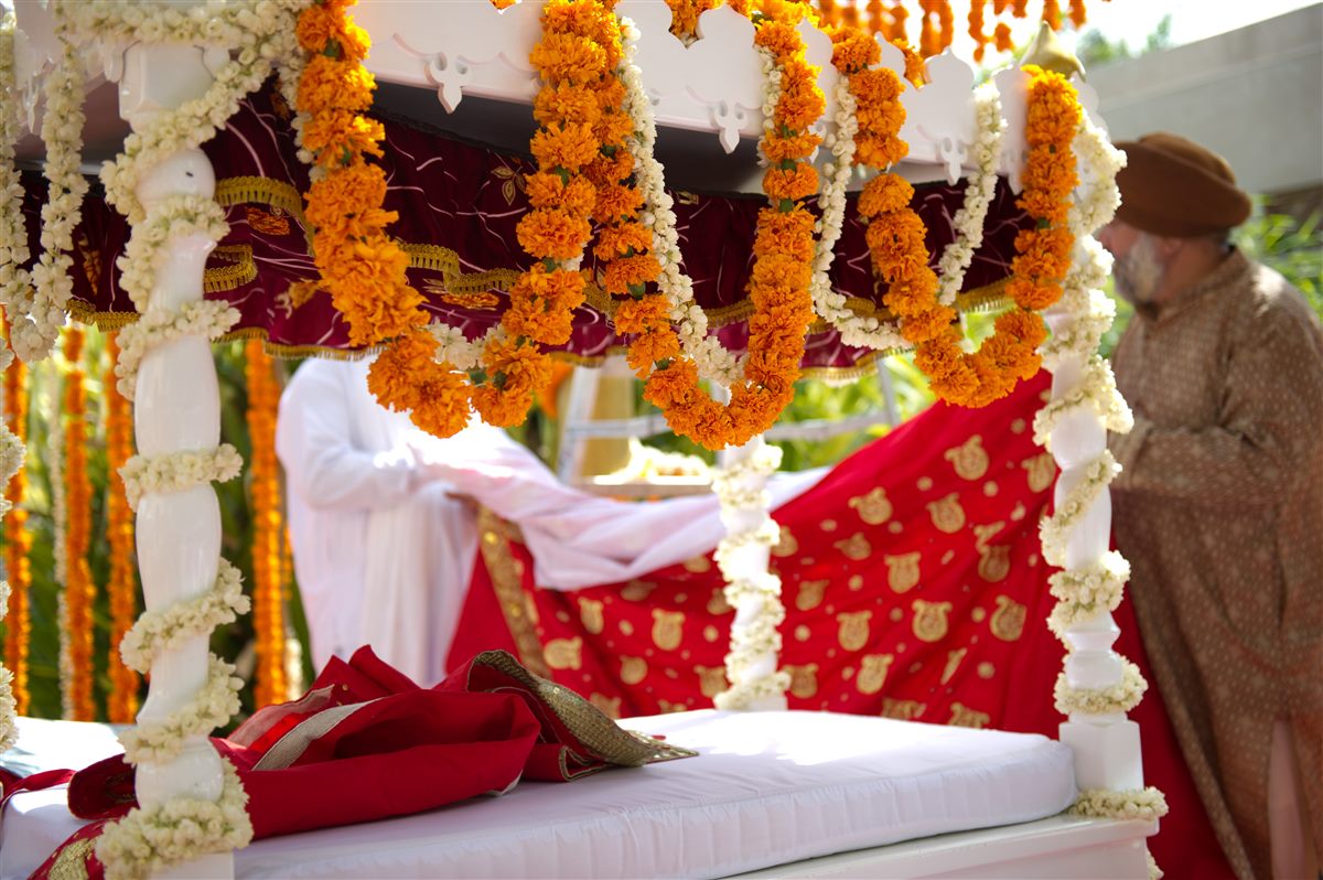 The mandap, garlanded in marigold